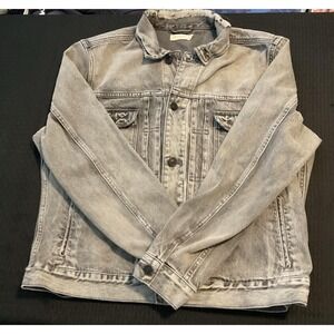 AllSaints Jacket Mens XL Gray Denim Button Front Trucker Biker Pockets Washed